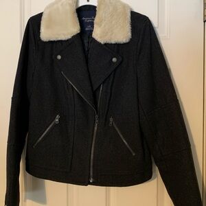 American Eagle Outfitters Dark gray wool Moto Jacket with cream Collar
